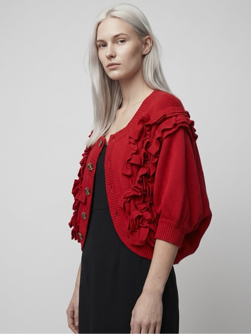 Comme des Garcons Tao VTG Wool Ruffle Cropped Cardigan, red, M, GUC - Picture 4 of 16